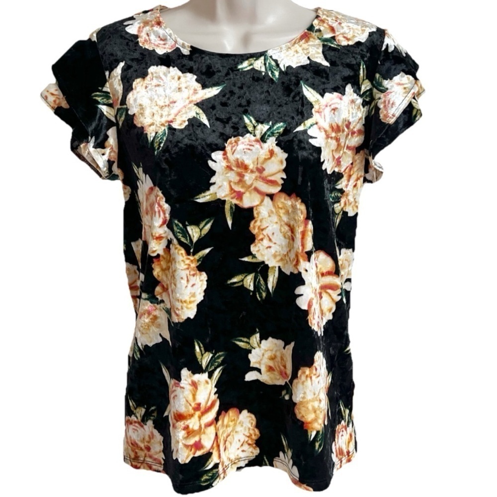NWT a.n.a. Velour Floral Flutter Cap Sleeve Pullover Blouse Top Black Orange XS